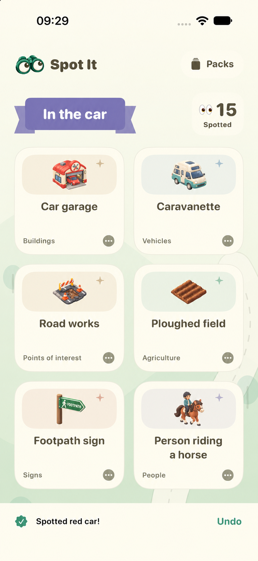 Actual Spot It game board showing six objects to find on a car journey